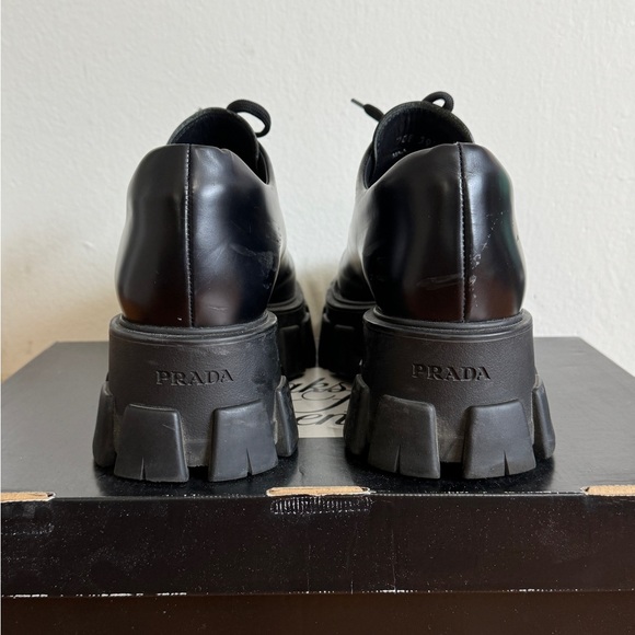 Prada-Lug Sole Polished Leather Creepers - Picture 2 of 8